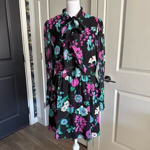 Saint Laurent Lavalliere Mini Dress with Floral Print 100% Silk Size FR 42 US L